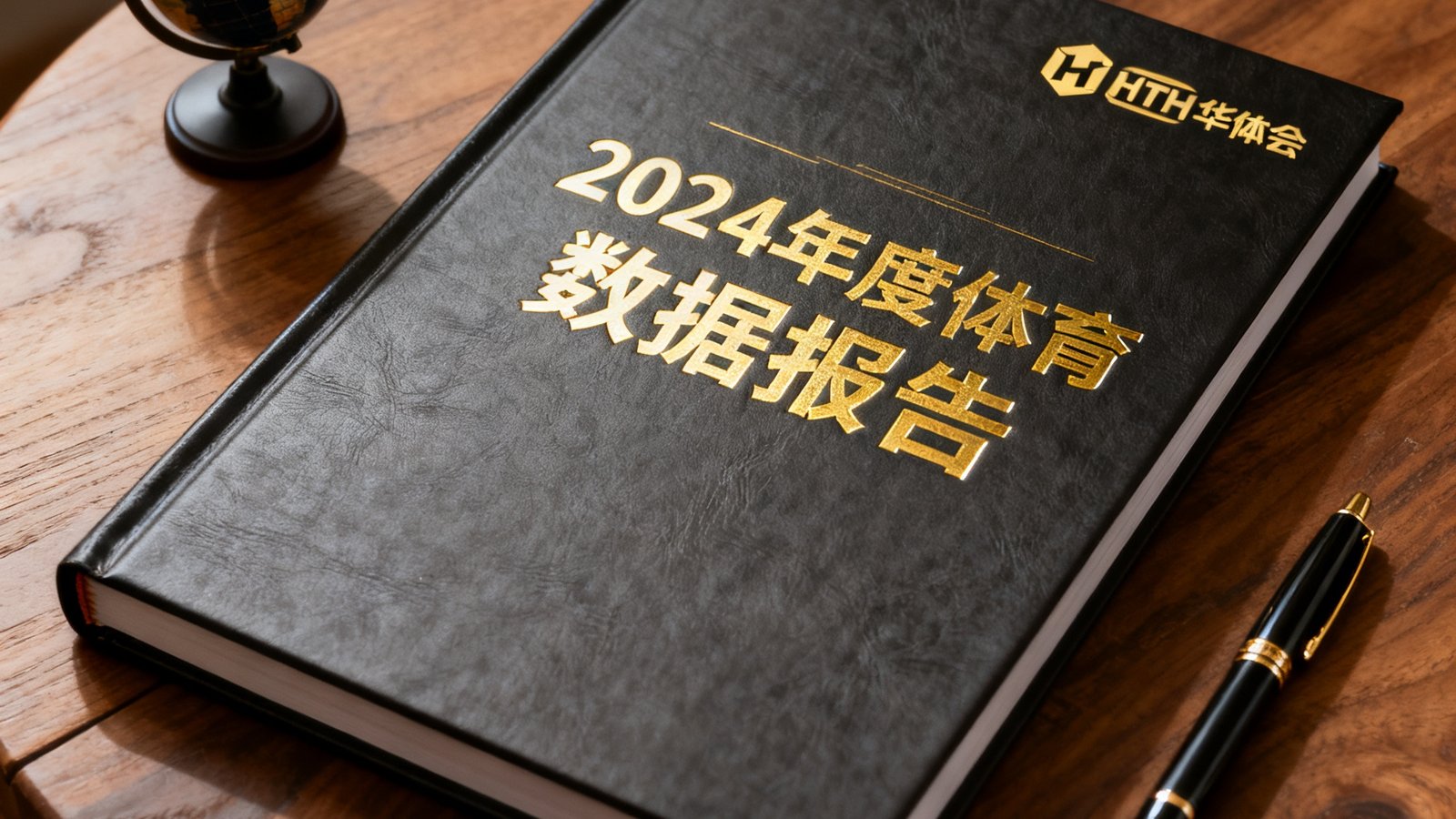 2024年度体育数据报告封面设计，精装报告册放置在木质桌面上，封面印有HTH华体会标志和金色烫印标题，旁边点缀着一个小型地球仪和一支钢笔