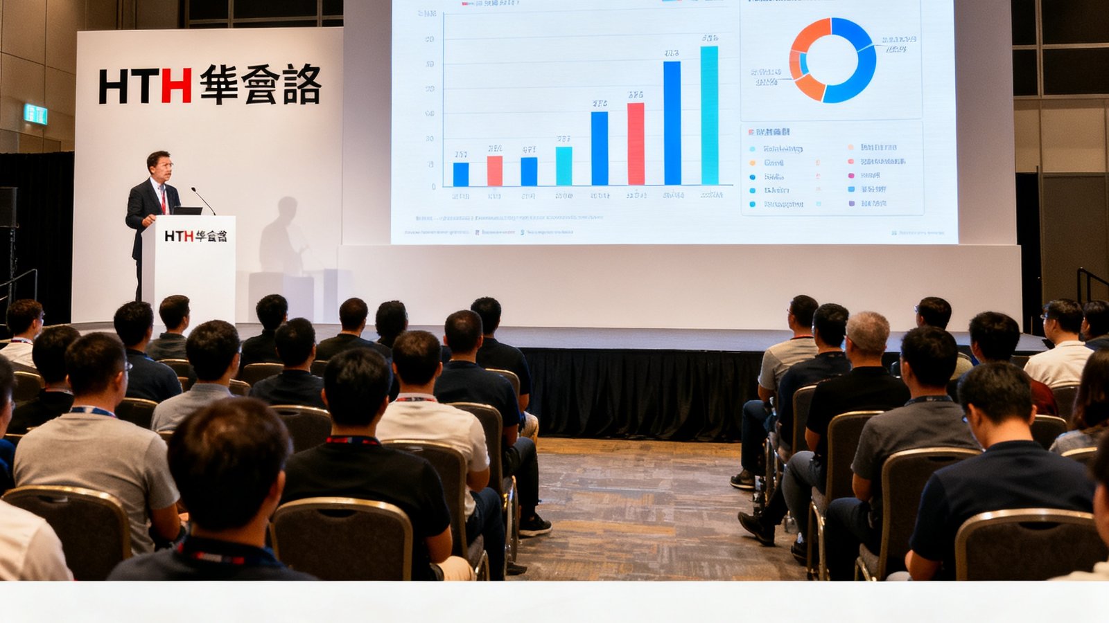香港会议展览中心举办的体育科技峰会现场，演讲台上HTH华体会CEO正在发表主题演讲，大屏幕显示数据可视化图表，台下坐满约500名行业观众