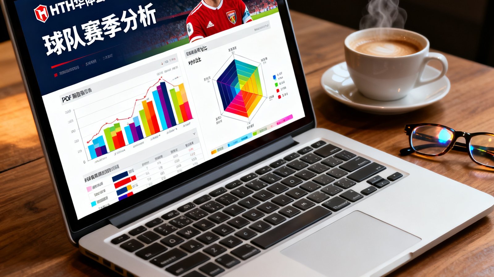 一台银色笔记本电脑屏幕上展示着一份精美的体育数据PDF报告，报告封面印有HTH华体会标志和球队赛季分析标题，页面内包含彩色数据图表、热力图和球员对比雷达图，旁边桌上放着一杯咖啡和一副眼镜